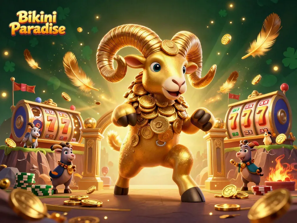 Bikini Paradise features an exciting 3D illustration of a golden ram charging through a vibrant casino atmosphere.