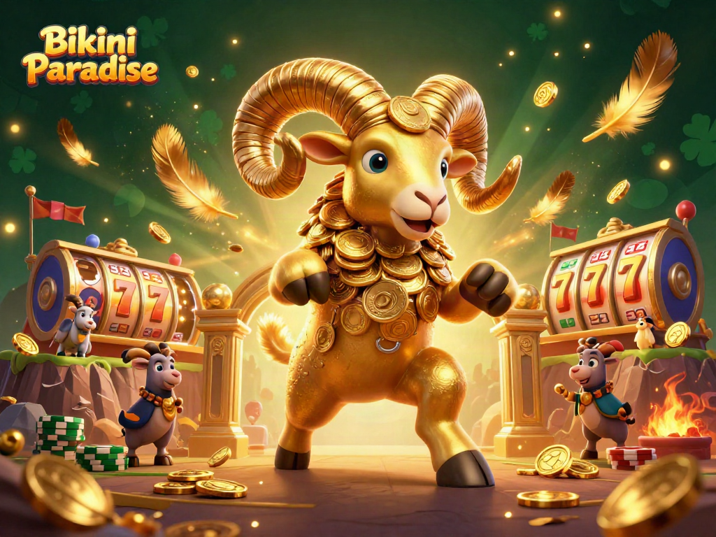 Bikini Paradise features an exciting 3D illustration of a golden ram charging through a vibrant casino atmosphere.