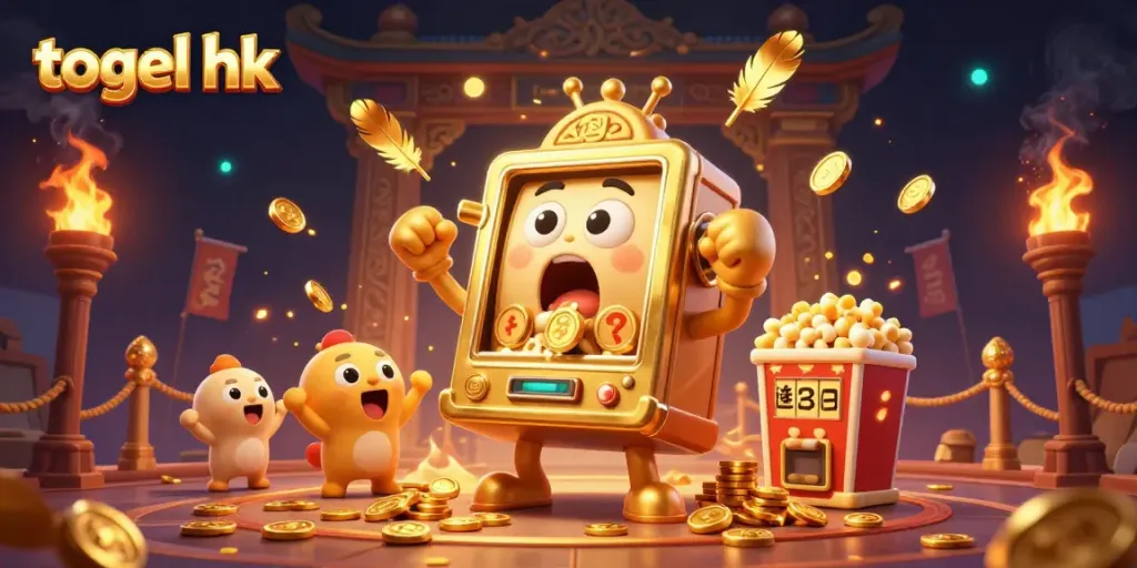 Mesin slot emas yang memperoleh jackpot dalam togel hk dengan koin berjatuhan, suasana ceria penuh kebahagiaan.