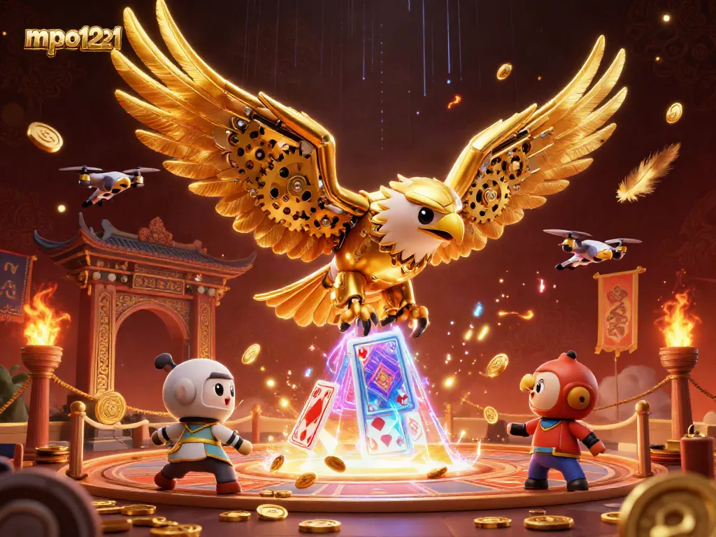 Experience the thrilling action of mpo1221 with a vibrant 3D eagle and rich casino elements.