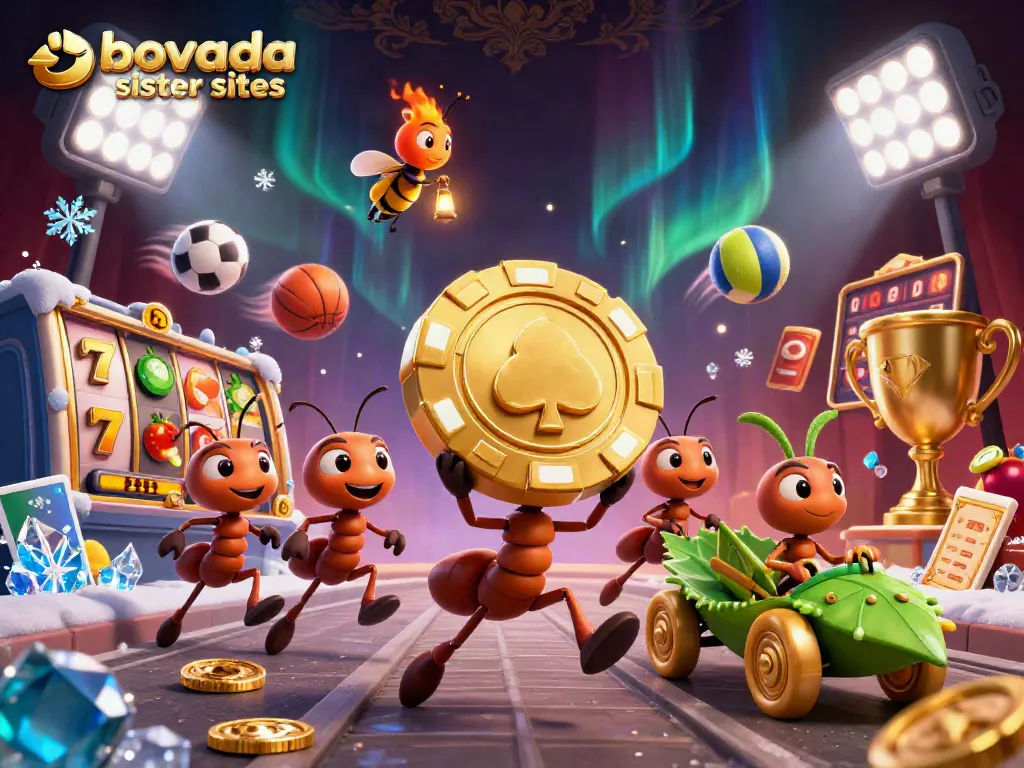 Engage with vibrant 3D action showcasing bovada sister sites through playful ants and gambling elements.