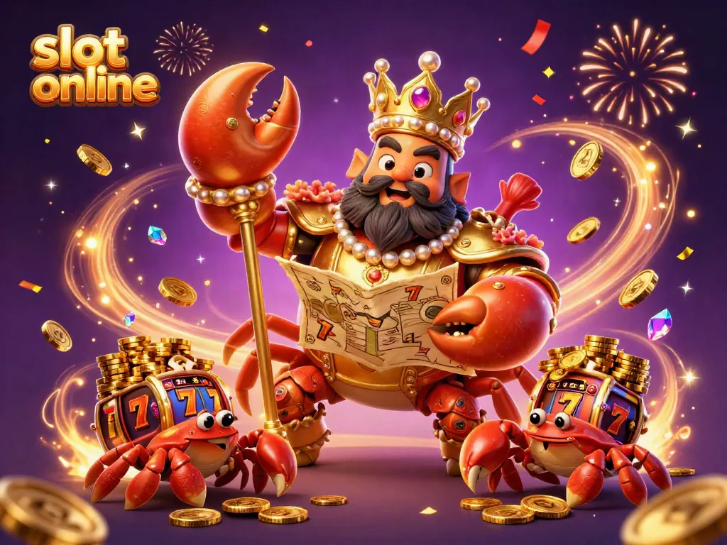 Experience the excitement of slot online with a vibrant 3D scene showcasing a golden crab emperor and lucky symbols.