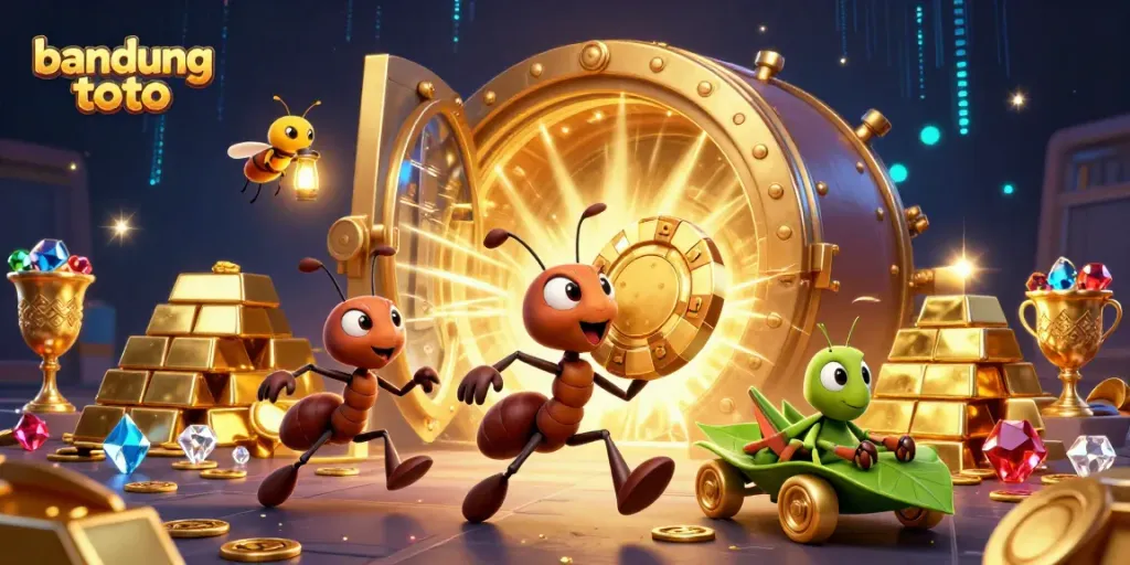 Engage in thrilling gameplay at bandung toto with a vibrant heist illustration of ants and golden treasures in a dynamic casino setting.