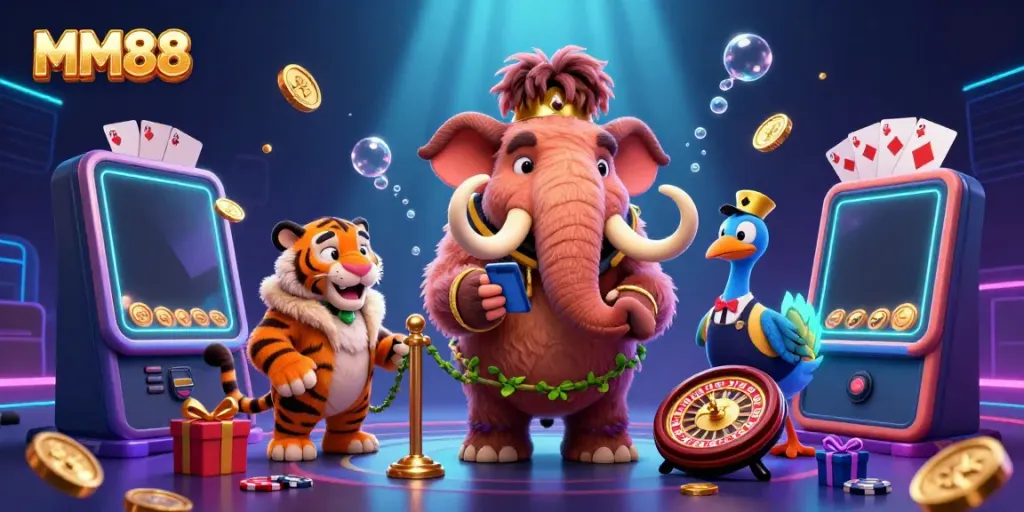 Engage with MM88's vibrant casino scene featuring a mammoth bouncer and exciting gaming elements.