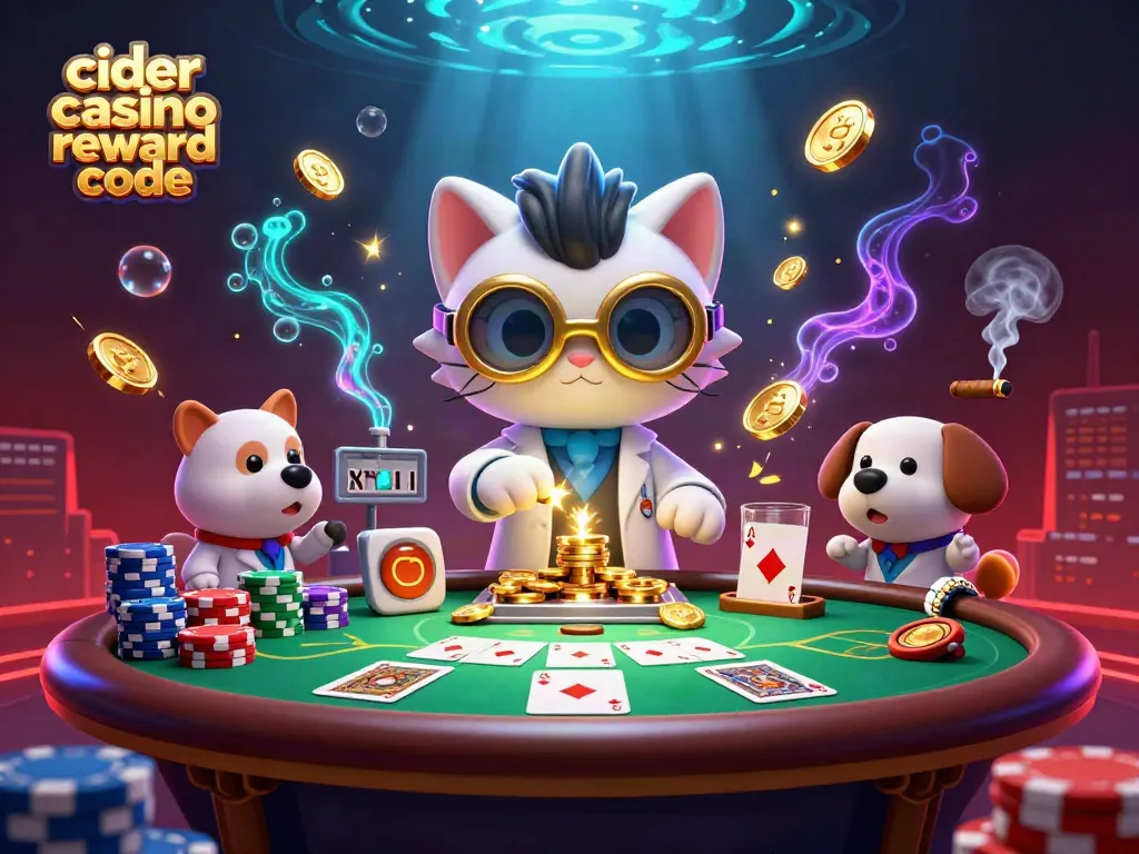 Spin to win with Cider Casino reward code in this vibrant 3D gaming scene featuring fun characters and poker elements.