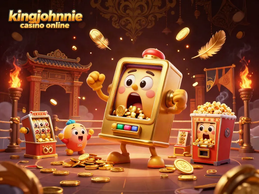 See the kingjohnnie casino online slot machine winning jackpots with vibrant imagery and golden decorations.