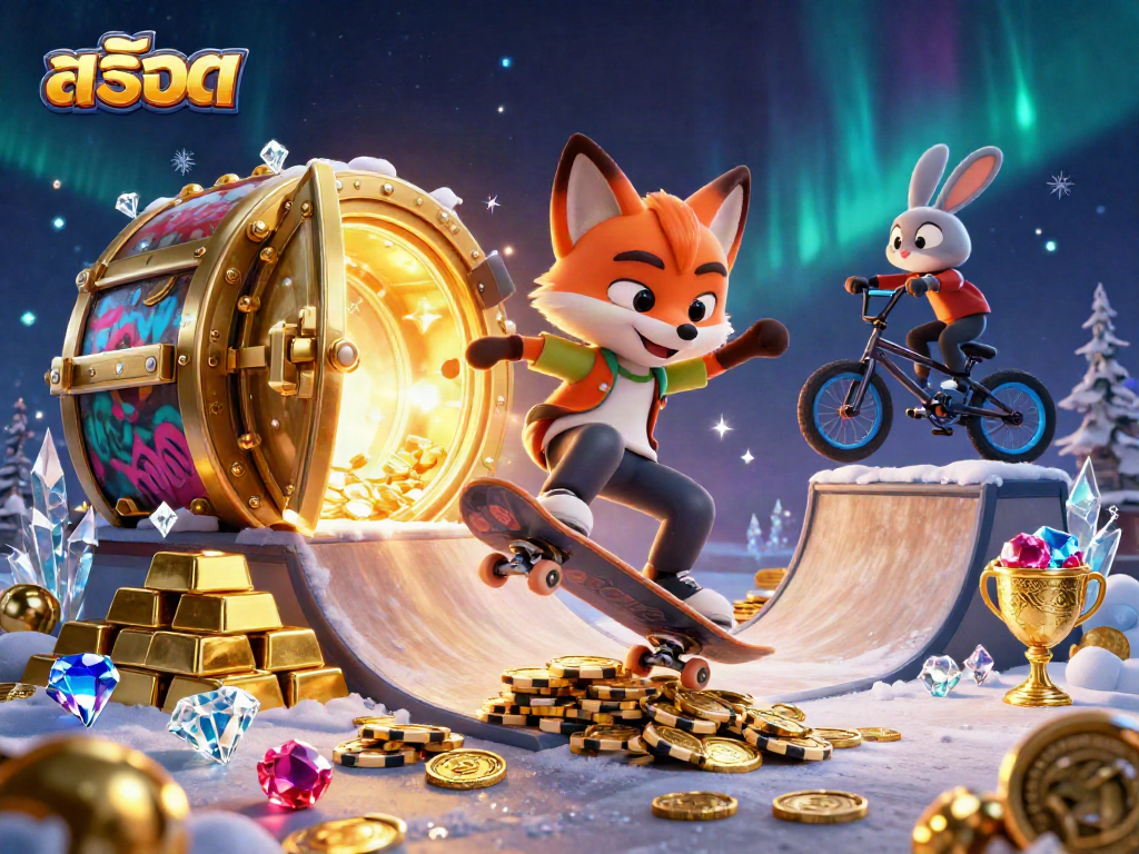 A dynamic scene with สล็อต-themed characters and casino treasures, showcasing an exciting gaming atmosphere.