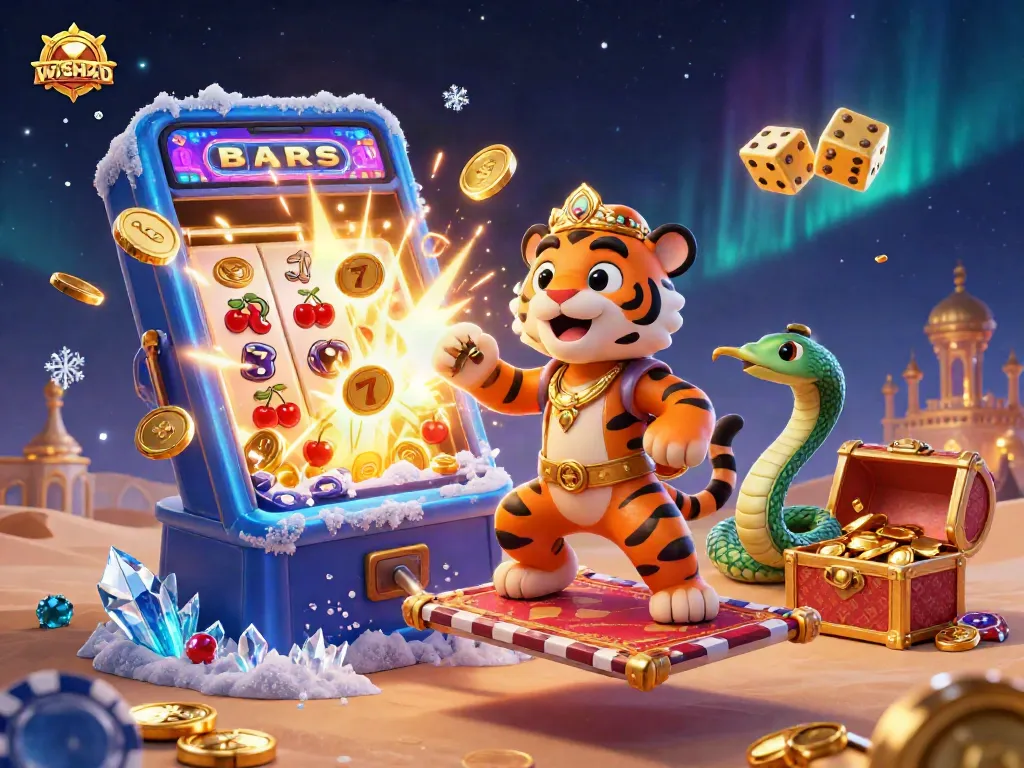 Experience the thrill of WISH4D with animated slot machines, golden treasures, and a vibrant casino atmosphere.