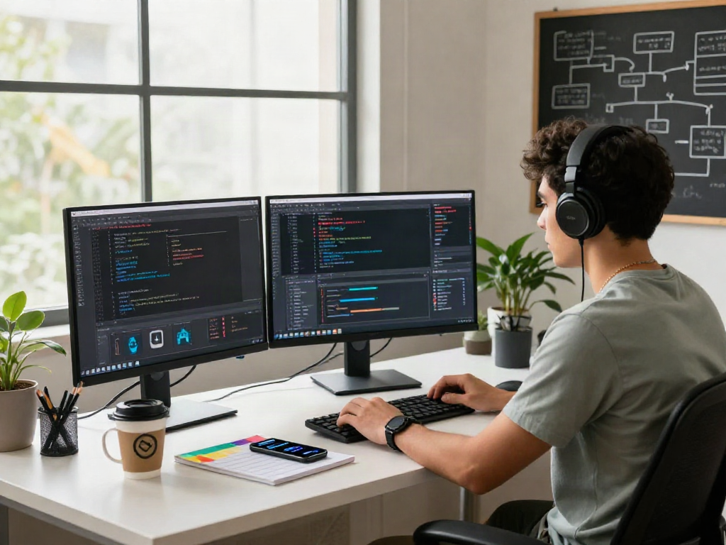 Workspace modern dengan insinyur perangkat lunak bekerja menggunakan 快连 pada banyak layar, suasana yang cerah dan inspiratif.
