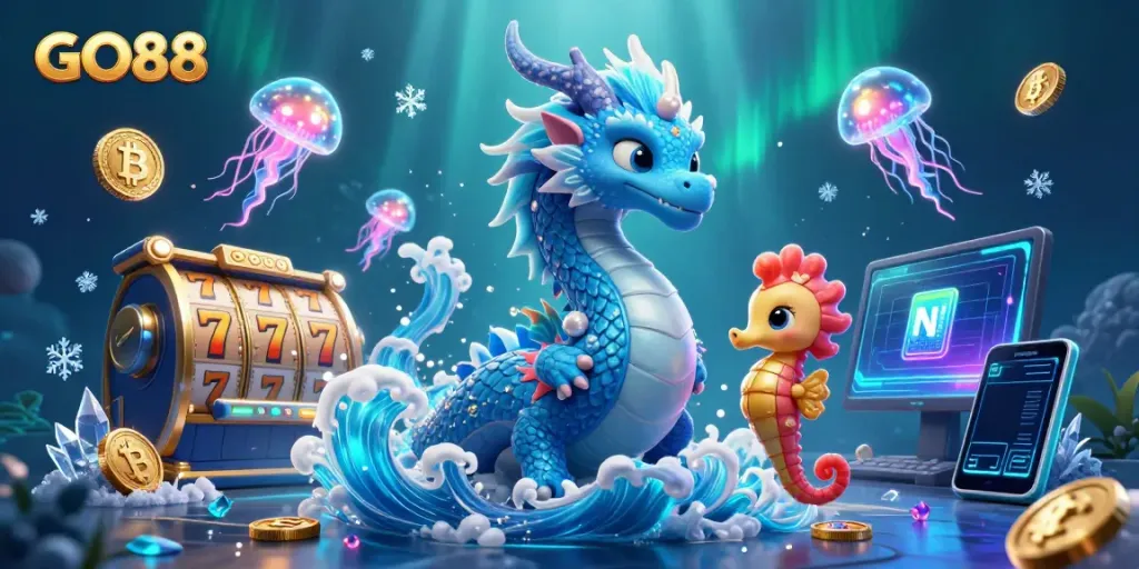 Engage in thrilling gameplay with GO88's dynamic slot adventure featuring a dragon and seahorse.