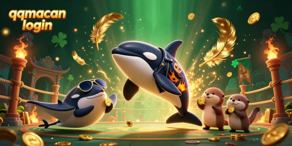 Engage with thrilling gaming action at qqmacan login with unique characters amid a vibrant casino background.