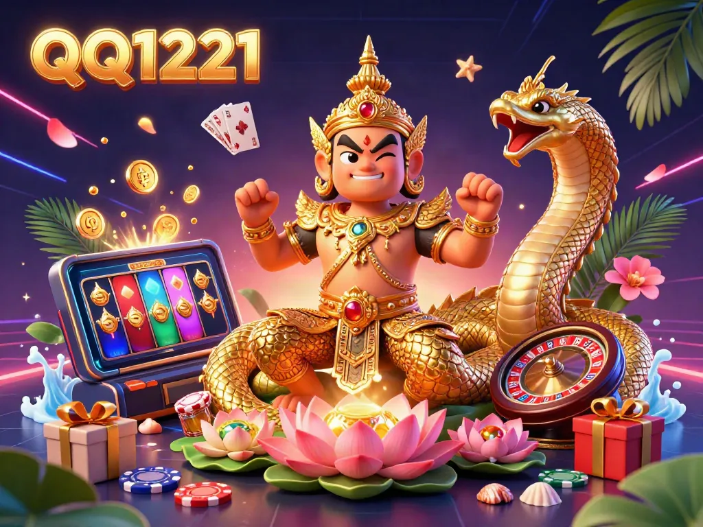 Experience the exciting world of QQ1221 with vibrant 3D characters, slot game elements, and dynamic casino imagery.