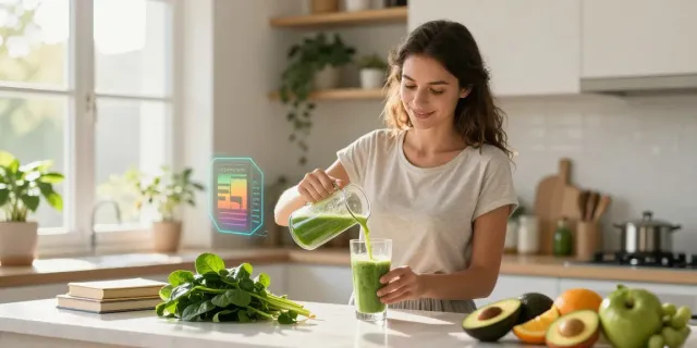 A woman preparing a glutathione peptide smoothie in a bright kitchen filled with fresh ingredients and health books.