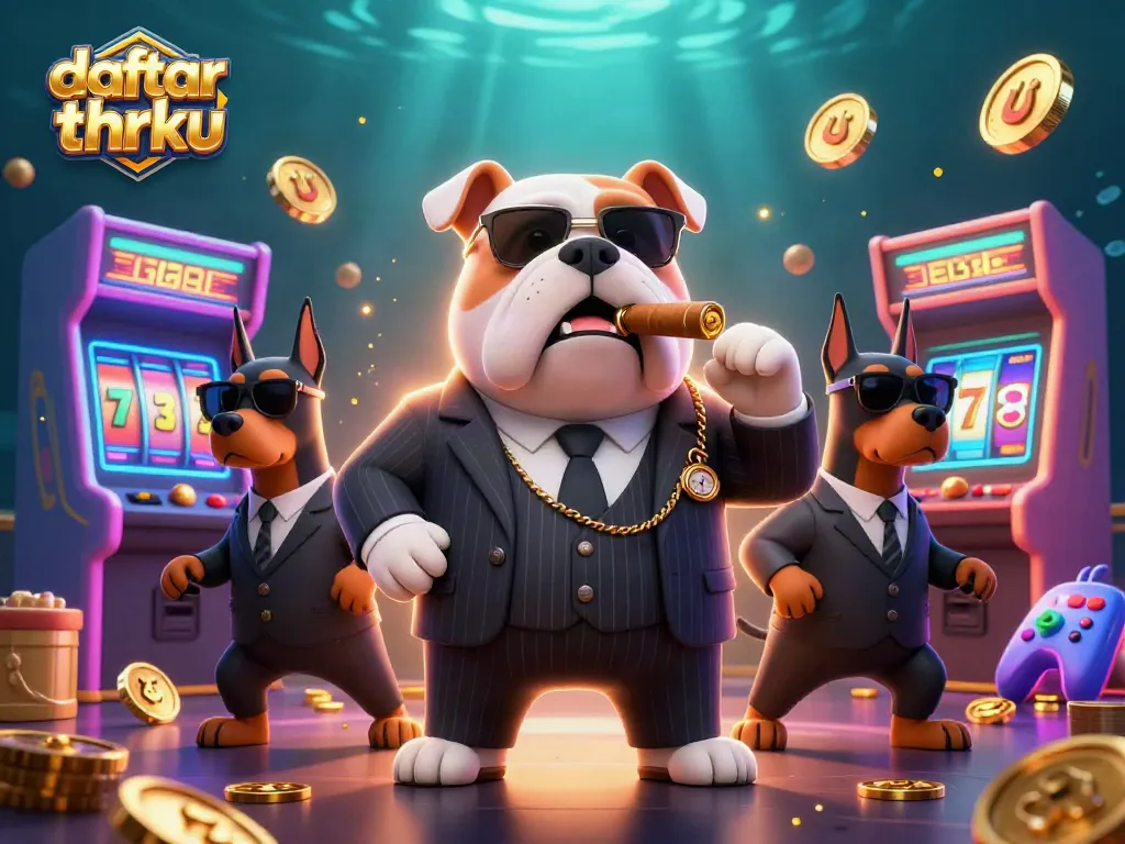 Engage with daftar thrku in this vibrant casino scene featuring a mafia bulldog and his bodyguards.
