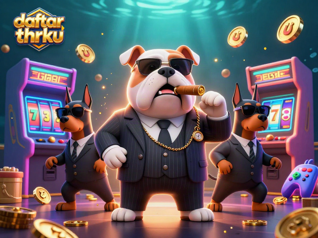 Engage with daftar thrku in this vibrant casino scene featuring a mafia bulldog and his bodyguards.
