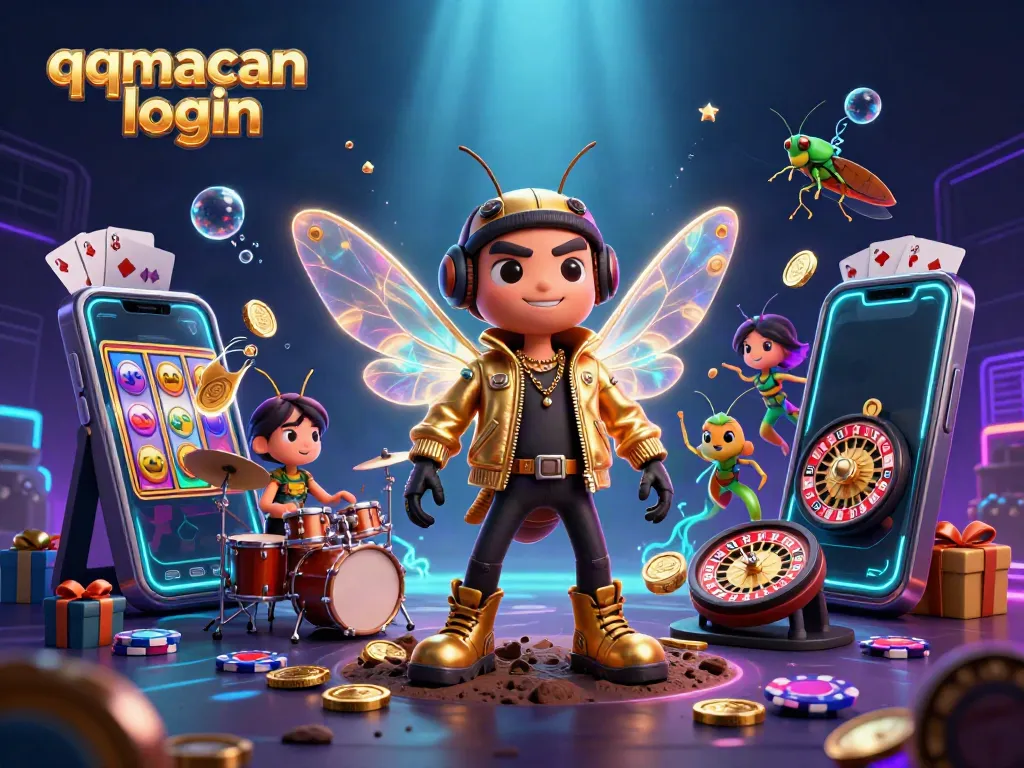 Experience the vibrant qqmacan login scene with a lively cicada rock star and casino elements.