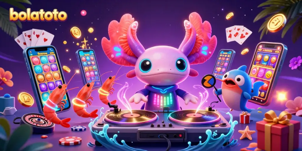 Experience bolatoto with an energetic casino scene featuring a colorful axolotl DJ, dynamic underwater elements, and gambling icons.