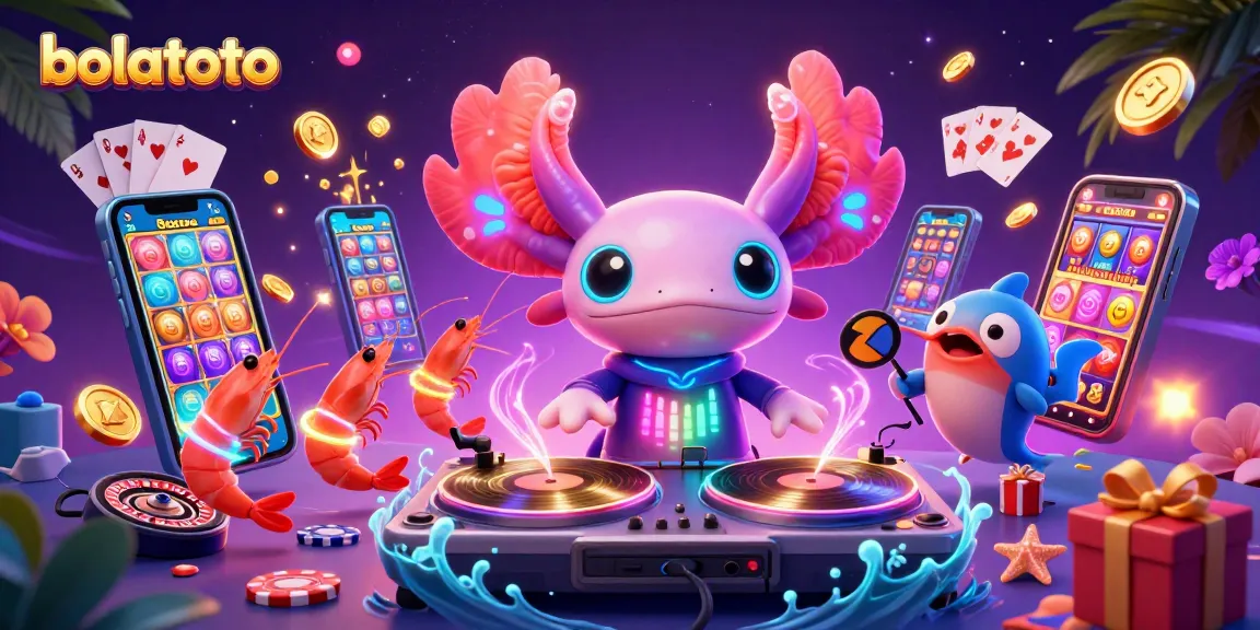 Experience bolatoto with an energetic casino scene featuring a colorful axolotl DJ, dynamic underwater elements, and gambling icons.