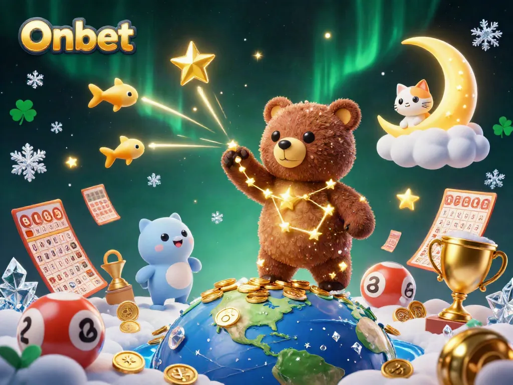 Engage with Onbet through an exciting, vibrant casino scene featuring a constellation bear and game elements.