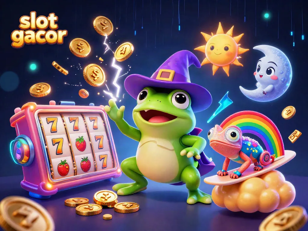 Experience the thrill with slot gacor as a wizard frog conjures golden coins and joy in a vivid casino scene.