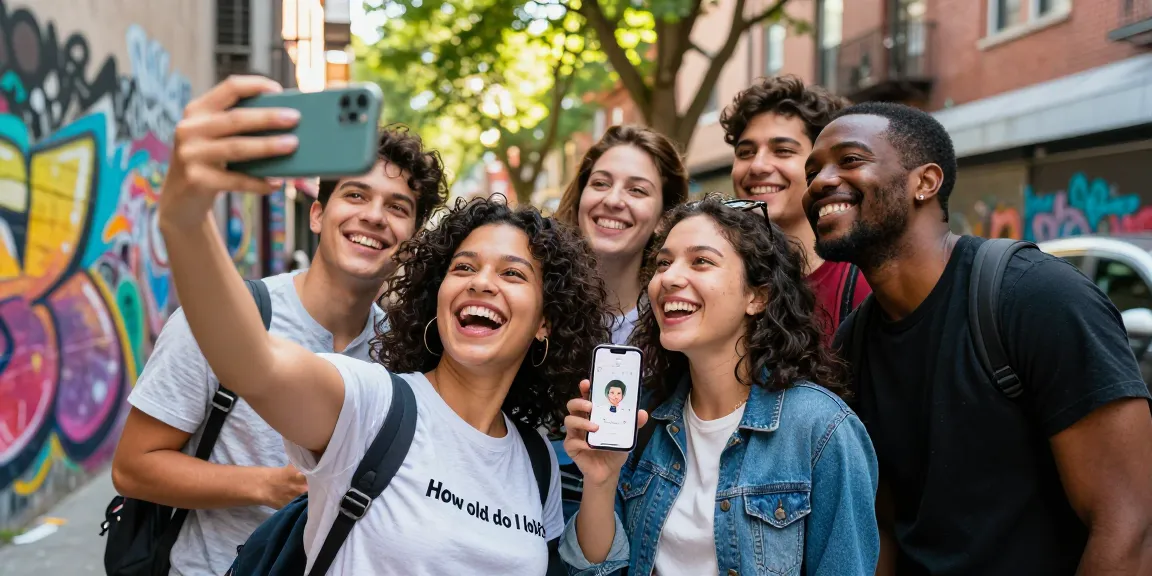 Friends having fun discussing how old do I look while taking selfies in an urban setting.