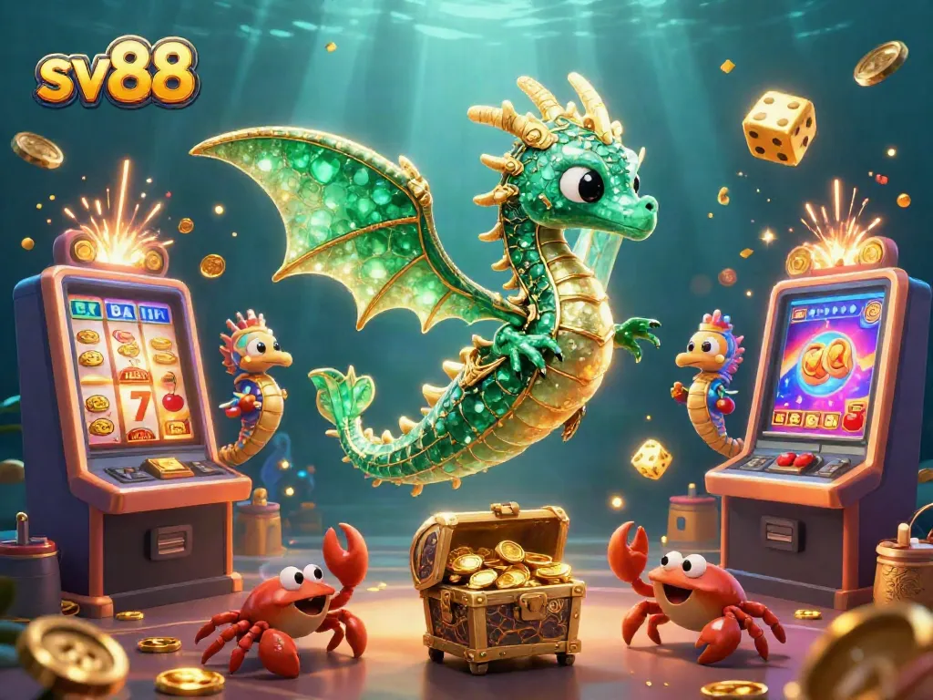 Engage with sv88's vibrant casino games through immersive underwater 3D illustration featuring dynamic slot elements.