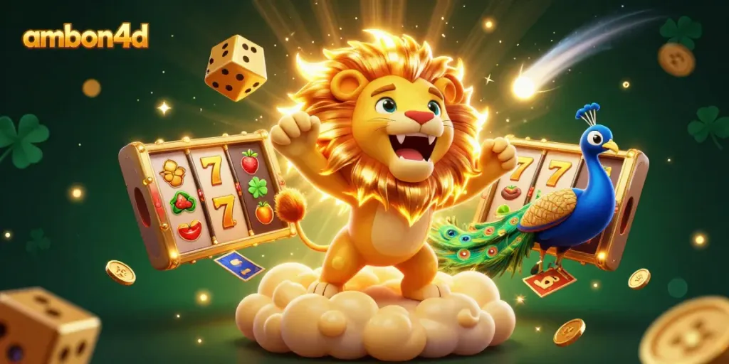 Experience the excitement of ambon4d slots with a vibrant, dynamic 3D illustration featuring the roaring lion and spinning reels.