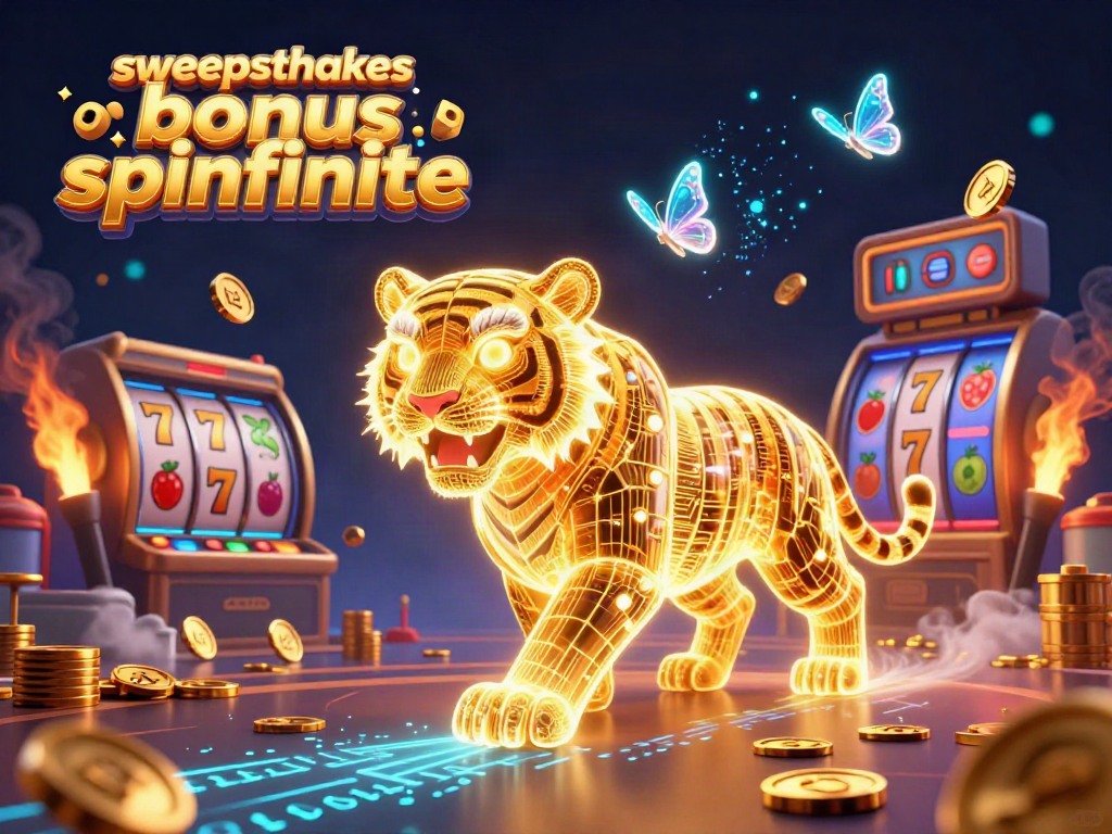 Engage with sweepstakes casino bonus spinfinite in this dynamic 3D casino scene featuring vibrant slots and golden elements.