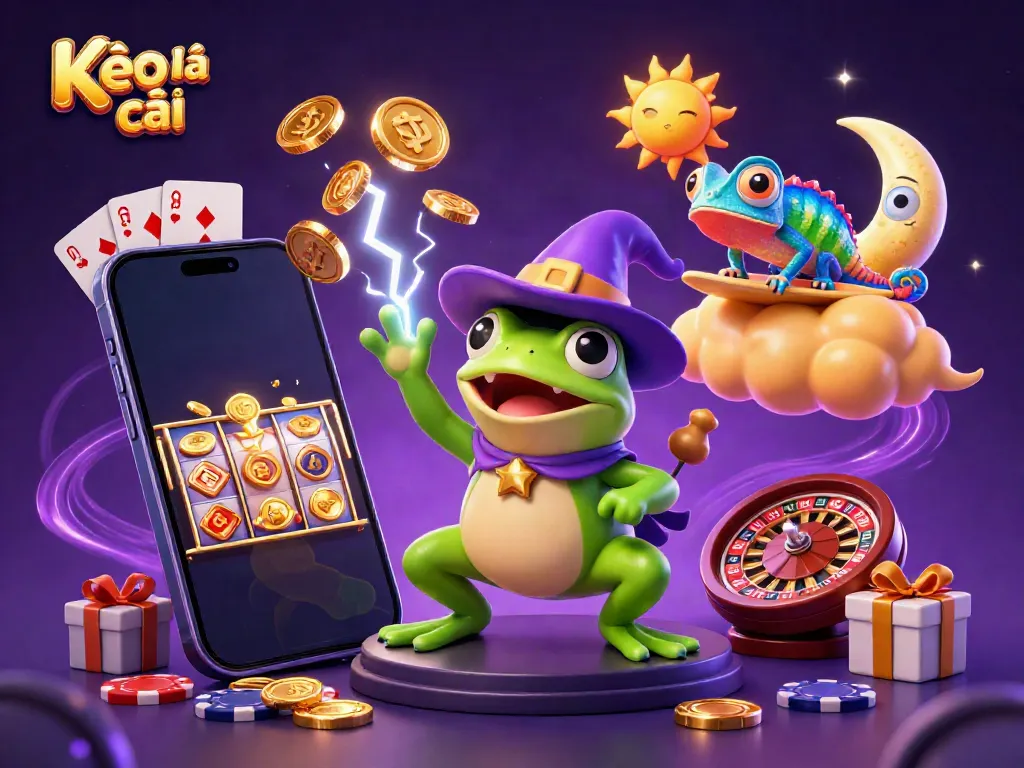 Experience excitement with Kèo nhà cái as the weather wizard frog creates golden coin storms in an engaging casino scene.