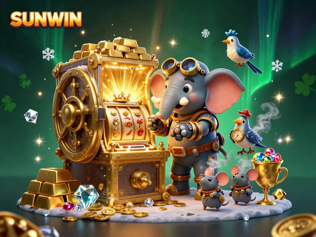 Engage in exciting slots action at SUNWIN, with a steampunk elephant operating a dazzling golden slot machine amid treasures.