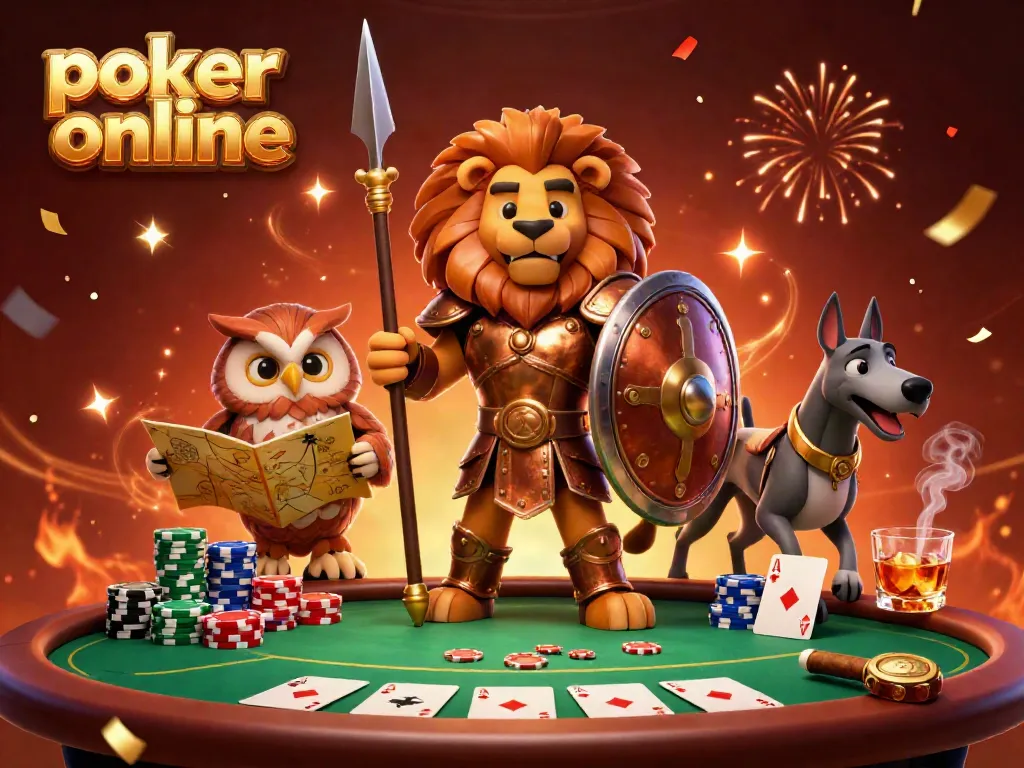 Engage in poker online action with a heroic Spartan lion and magical characters at a vibrant casino table.