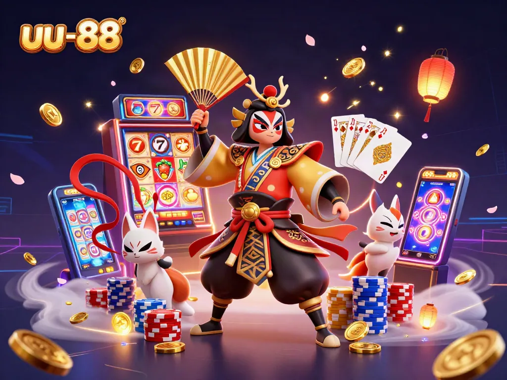 Exciting casino action with uu-88 featuring a kabuki warrior and vibrant slot machine.