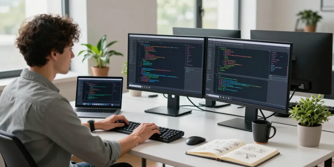 Developer coding in a modern workspace, emphasizing click over here accessibility features.