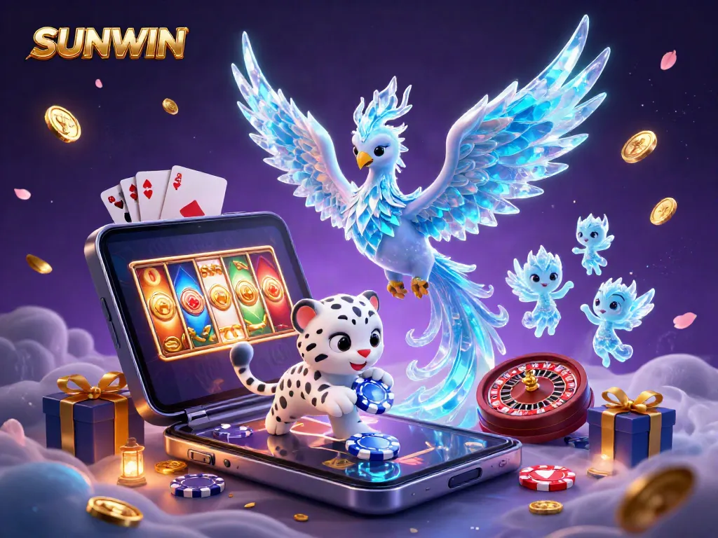 SUNWIN showcases a vibrant 3D illustration of an ice phoenix and snow leopard in a dynamic casino scene.