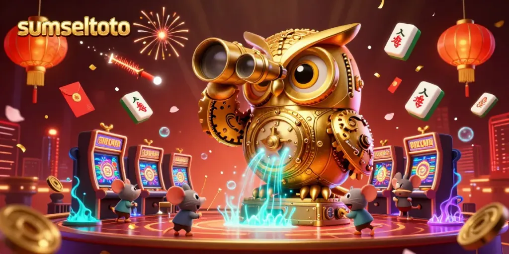 Experience the excitement of sumseltoto with a vibrant 3D illustration featuring an animated golden owl observing a lively casino scene.