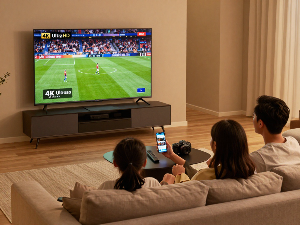 Gezin geniet van iptv 4k streaming in een moderne woonkamer met een luxe tv.