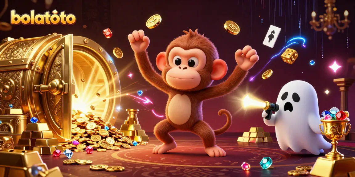 Experience bolatoto gaming thrills with an excited ghost-hunter and mischievous monkey in a vibrant casino.