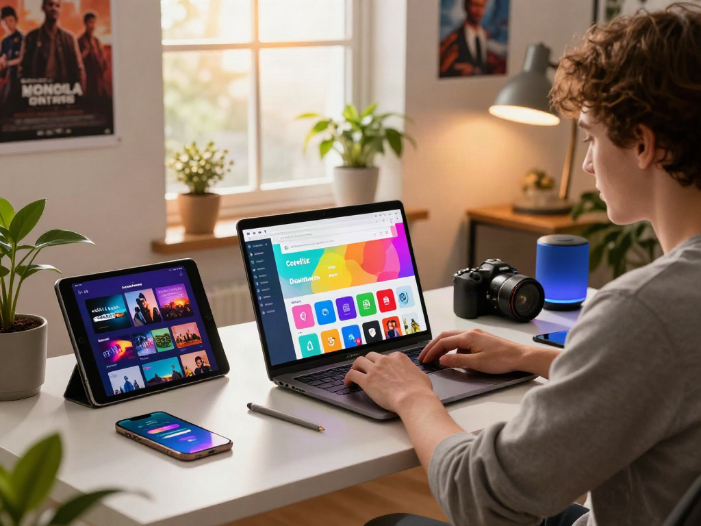 Cocoflix APK download page displayed on a laptop in a vibrant and modern home office setup with tech gadgets and warm lighting.