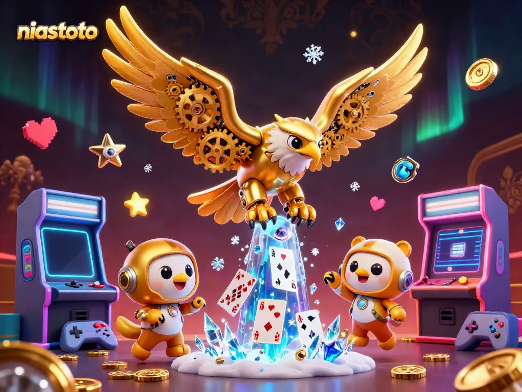 Engage with niastoto's vibrant casino experience featuring a cybernetic golden eagle and dynamic gaming elements.