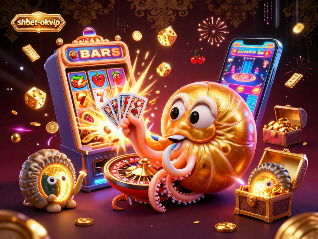 Experience the thrill of shbet-okvip with a 3D casino illustration featuring stunning jackpot elements and iconic gaming symbols.