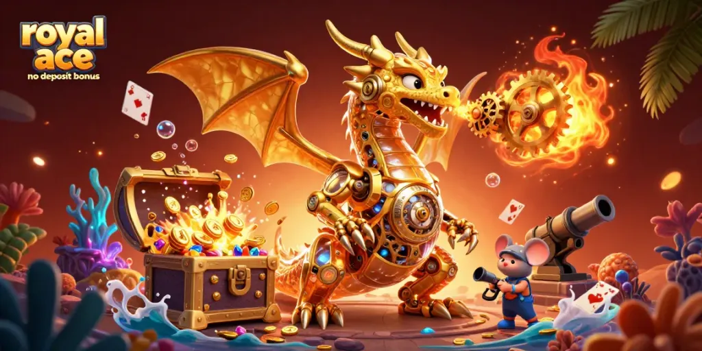 Experience amazing winnings with the royal ace no deposit bonus, featuring vibrant casino elements and a golden dragon.
