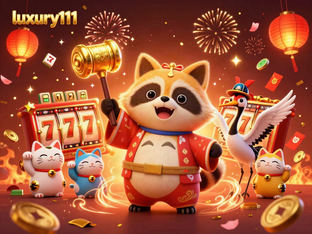Join the fun at luxury111 with a lucky tanuki and festive casino elements in vibrant 3D illustration.