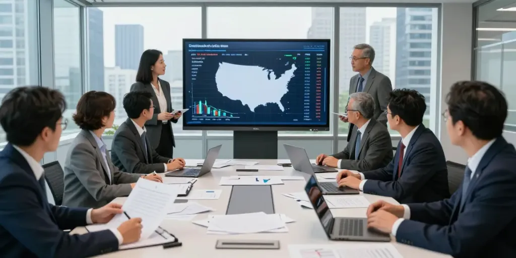 Executives discussing strategies for the largest banks in the US by assets in a modern boardroom.