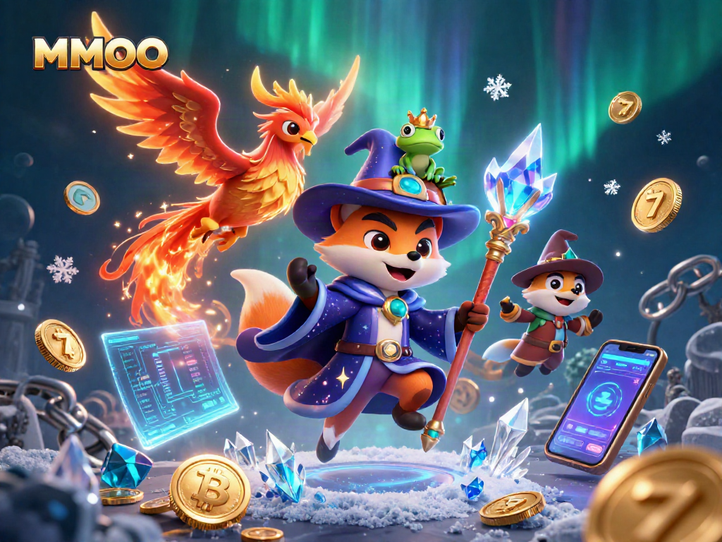 Experience MMOO's magical gaming realm featuring a wizard fox and phoenix amidst digital treasures.