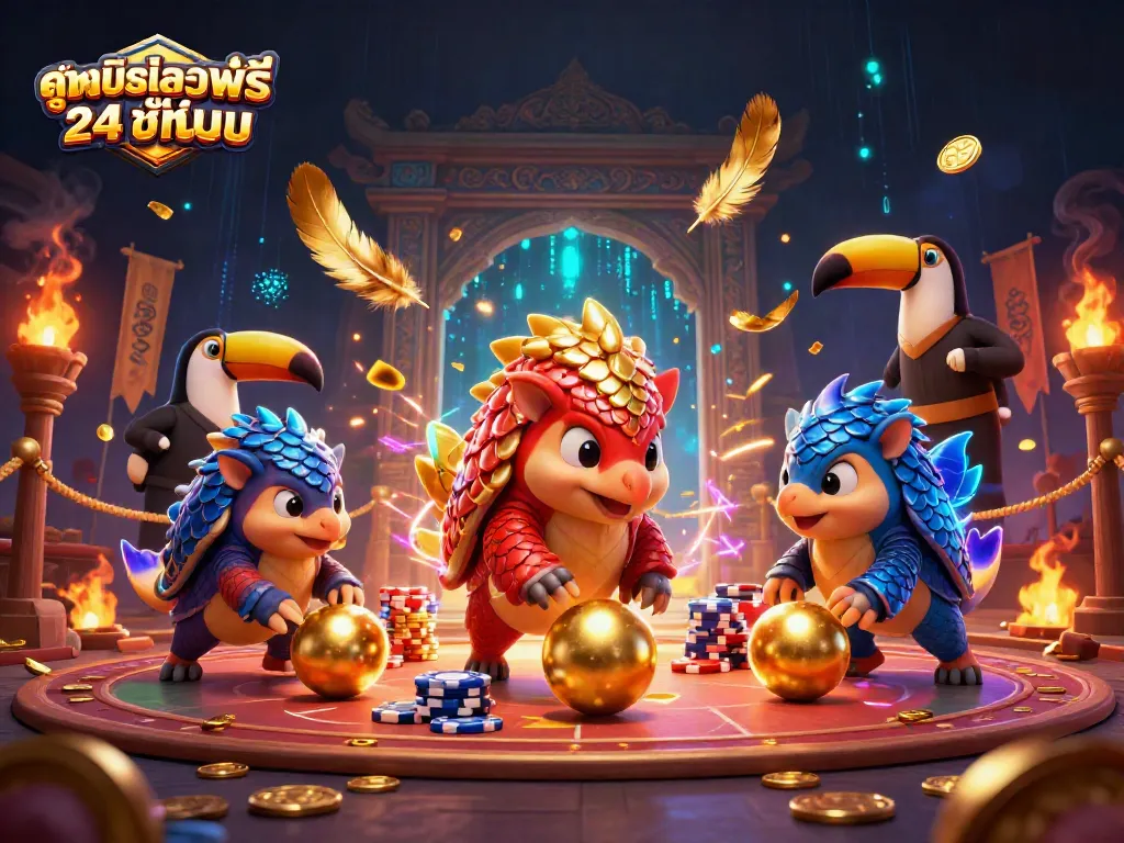Experience ดูหนังออนไลน์ฟรี 24 ชั่วโมง with dynamic pangolins bowling through poker chips in a vibrant casino arena.