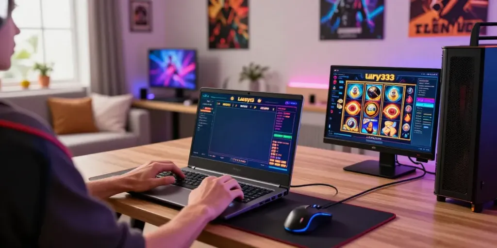 Person enjoying luxury333 slot games in a modern gaming setup with vibrant graphics and cozy ambiance.