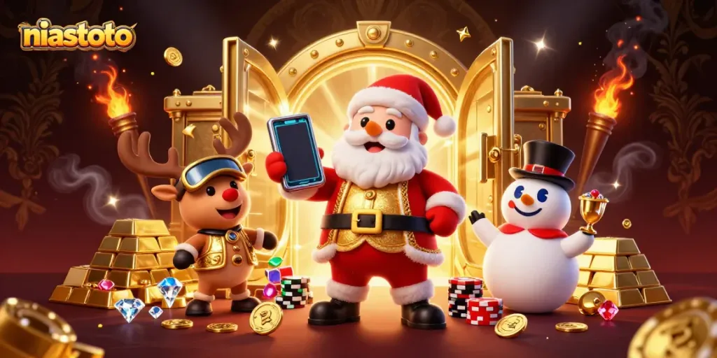 Gambarlah niastoto dalam kasino 3D yang kaya dengan Santa Claus, rusa, dan salju.