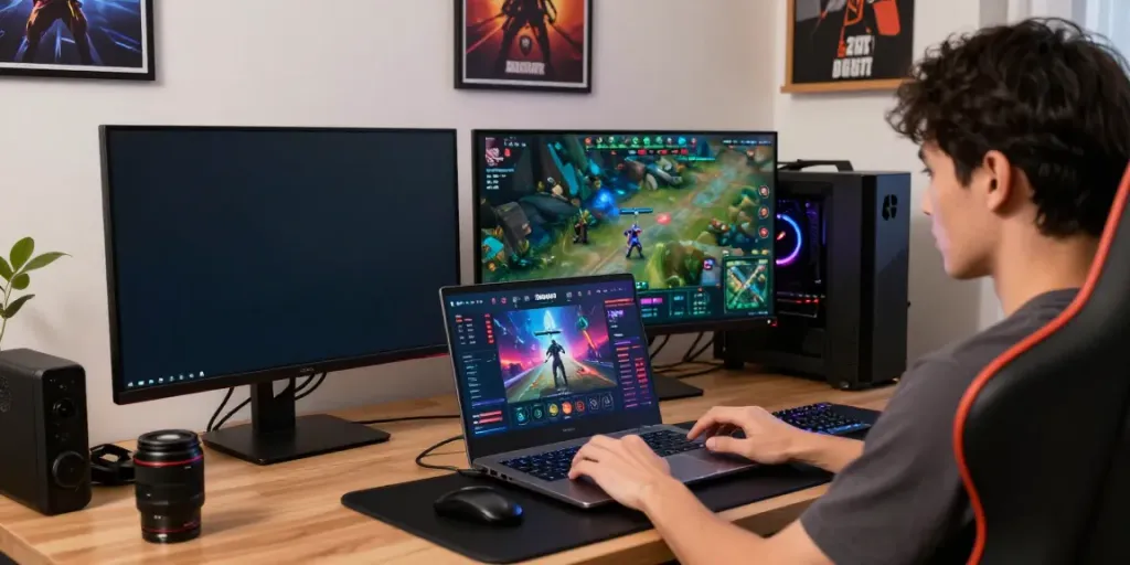 Engaging player using the Singatoto link on a laptop in a vibrant gaming setup.