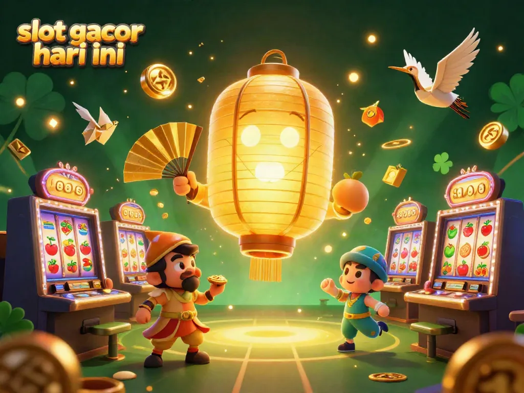 Experience the excitement of slot gacor hari ini with a vibrant casino scene featuring a glowing lantern spirit and dynamic slot elements.