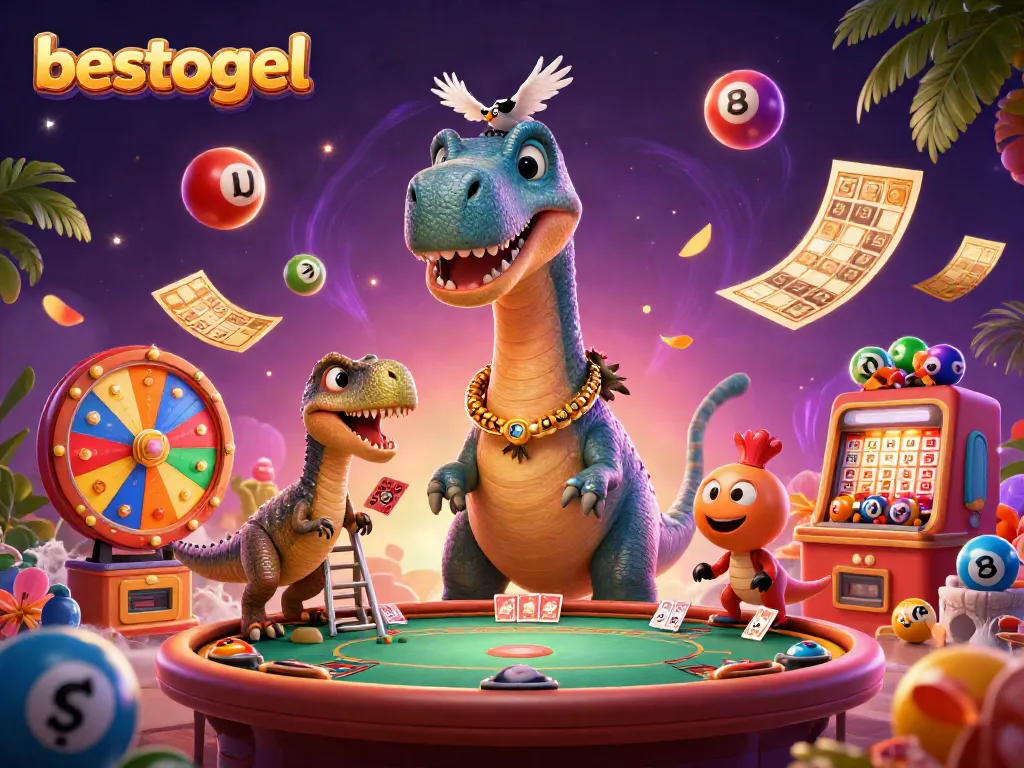 Gambar menarik besttogel dengan dino raksasa dan elemen lotere yang dinamis.